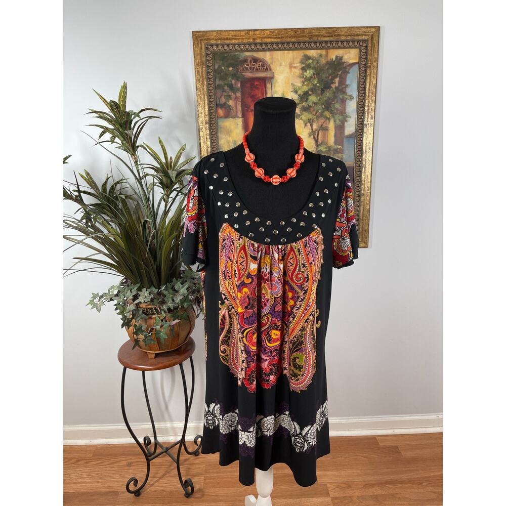 Elementz A-line Dress Women's Size 3X Black Paisley Embellished Southwestern
